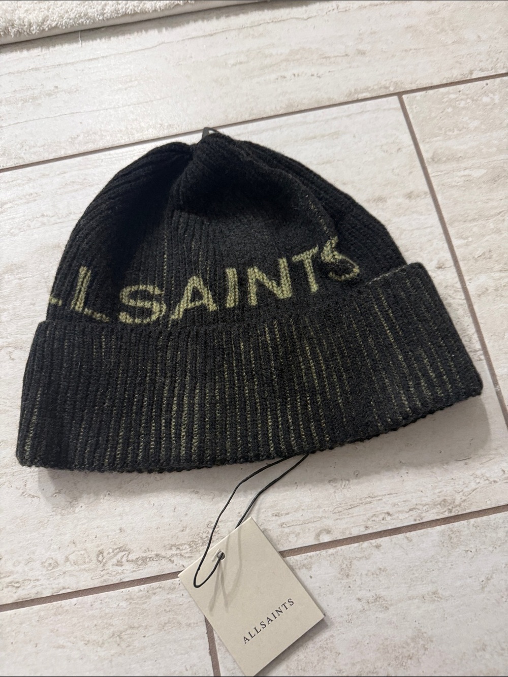 AllSaints Black and Olive Knit Beanie..new..tags on..printed logo ..o/s